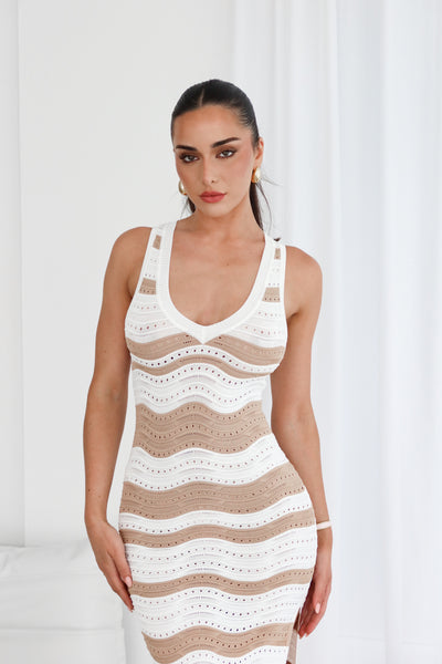 ARIBA STRIPES DRESS - WHITE / COFFEE